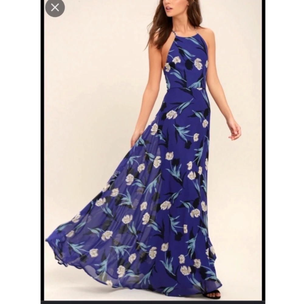 Lulus All I Need Royal Blue Floral Print Lace Up Tie Back Halter Top Maxi Dress